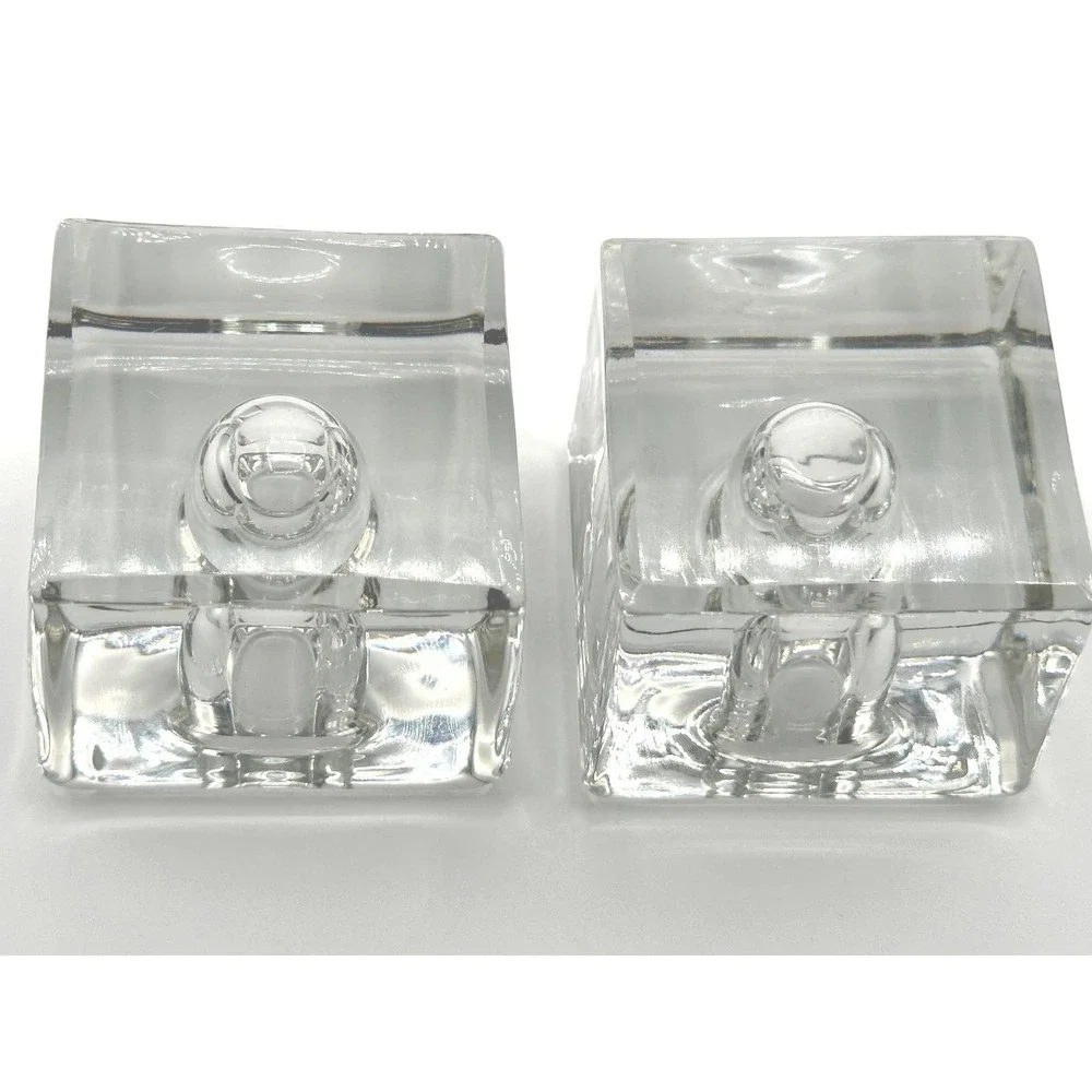 Vintage Clear Glass Cube Inkwell Set of 2 Heavy Mid-Century Modern Desk Decor